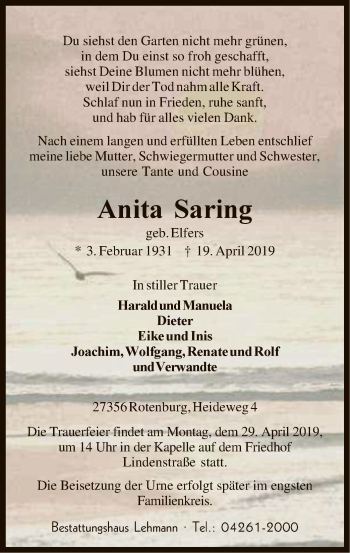 Traueranzeige von Anita Saring von SYK