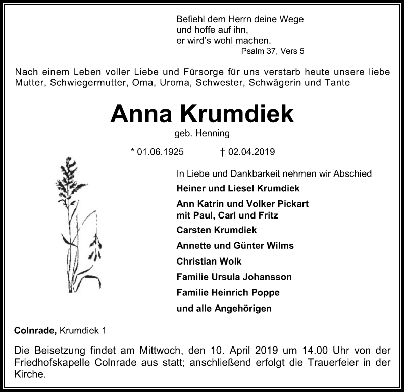  Traueranzeige für Anna Krumdiek vom 05.04.2019 aus SYK