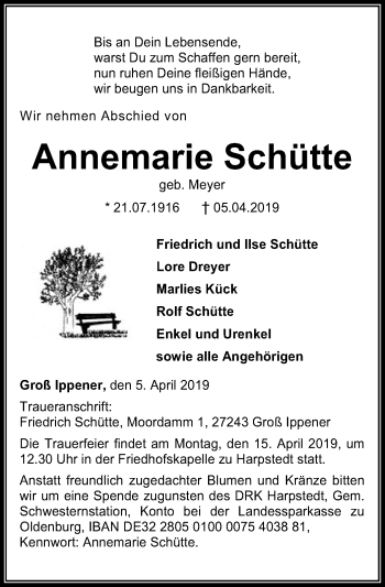 Traueranzeige von Annemarie Schütte von SYK