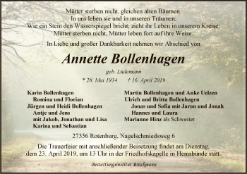 Traueranzeige von Annette Bollenhagen von SYK