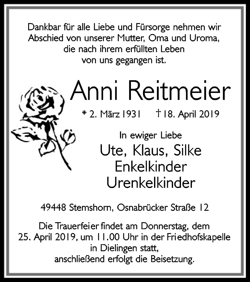  Traueranzeige für Anni Reitmeier vom 23.04.2019 aus SYK
