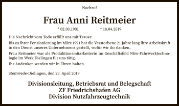 Traueranzeige von Anni Reitmeier von SYK