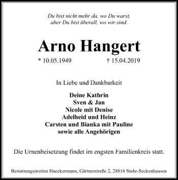 Traueranzeige von Arno Hangert von SYK