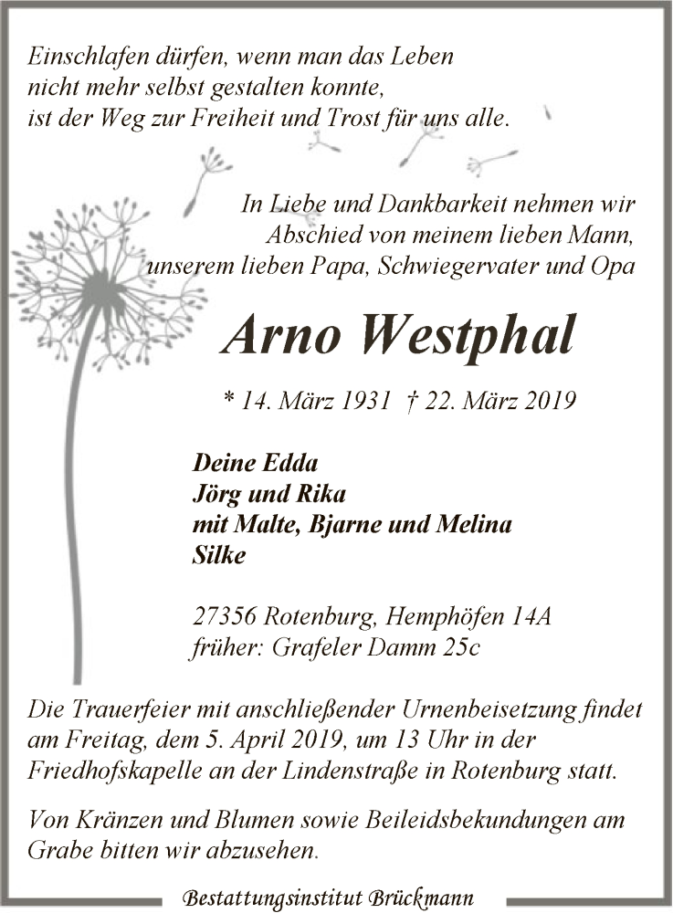  Traueranzeige für Arno Westphal vom 02.04.2019 aus SYK