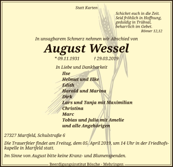 Traueranzeige von August Wessel von SYK