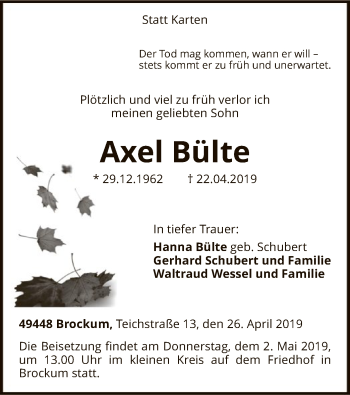 Traueranzeige von Axel Bülte von SYK