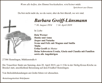 Traueranzeige von Barbara Greiff-Lünsmann von SYK