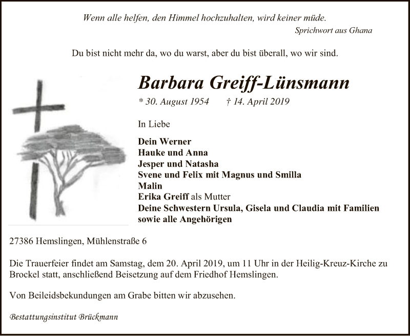  Traueranzeige für Barbara Greiff-Lünsmann vom 17.04.2019 aus SYK