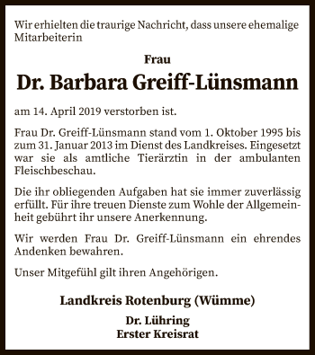 Traueranzeige von Barbara Greiff-Lünsmann von SYK