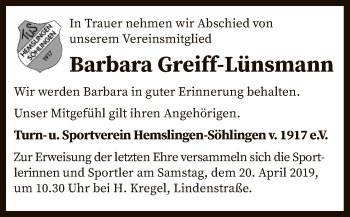 Traueranzeige von Barbara Greiff-Lünsmann von SYK