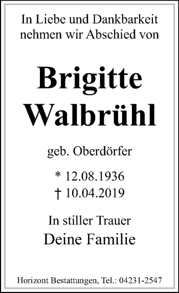 Traueranzeige von Brigitte Walbrühl von SYK