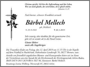 Traueranzeige von Bärbel Mellech von SYK