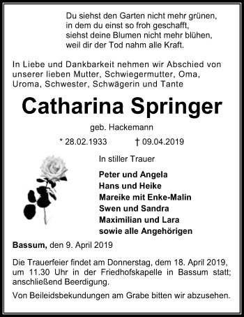 Traueranzeige von Catharina Springer von SYK