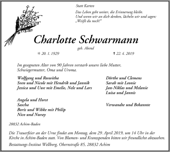 Traueranzeige von Charlotte Schwarmann von SYK