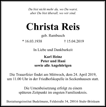 Traueranzeige von Christa Reis von SYK