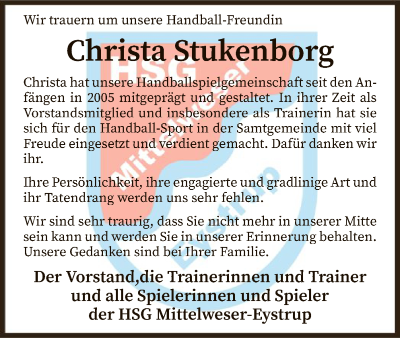  Traueranzeige für Christa Stukenborg vom 27.04.2019 aus SYK