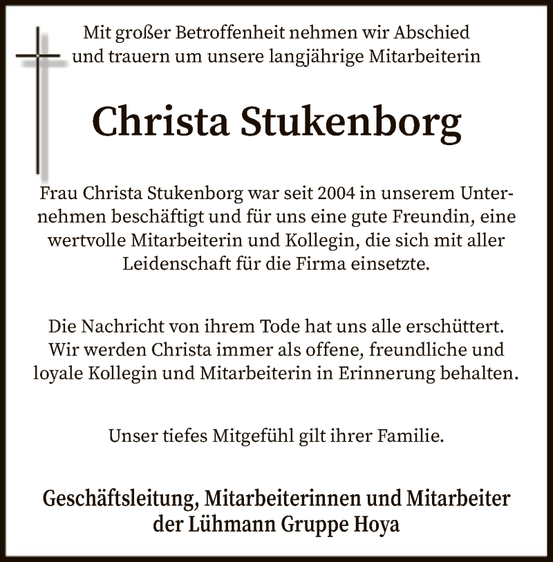  Traueranzeige für Christa Stukenborg vom 25.04.2019 aus SYK