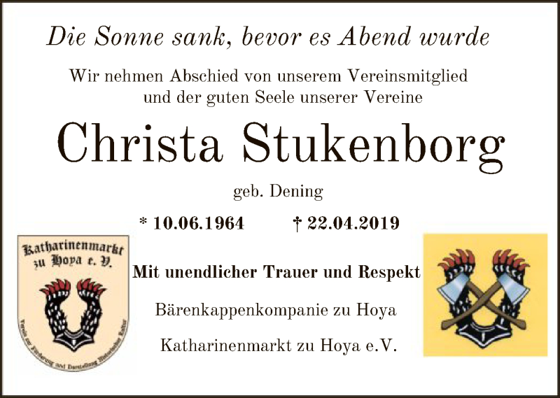  Traueranzeige für Christa Stukenborg vom 27.04.2019 aus SYK