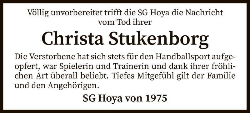  Traueranzeige für Christa Stukenborg vom 26.04.2019 aus SYK