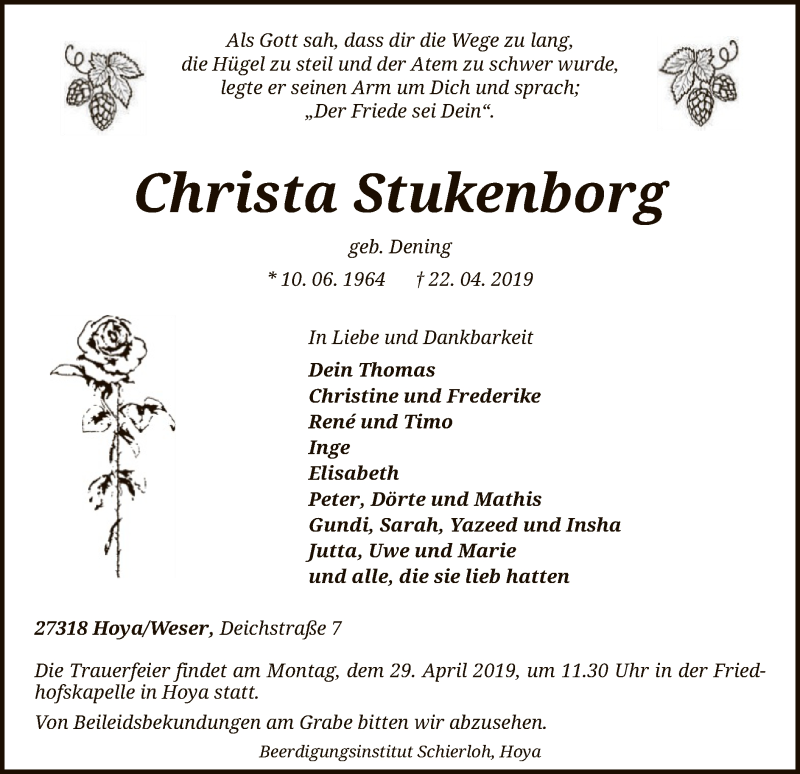  Traueranzeige für Christa Stukenborg vom 24.04.2019 aus SYK