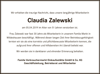 Traueranzeige von Claudia Zalewski von SYK