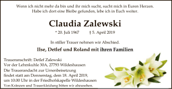 Traueranzeige von Claudia Zalewski von SYK