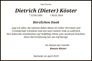 Traueranzeige von Dietrich Köster von SYK