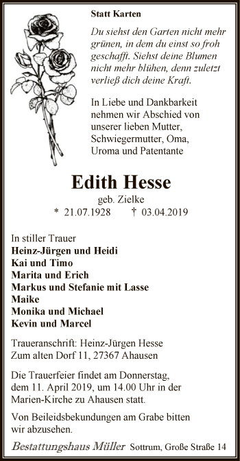 Traueranzeige von Edith Hesse von SYK