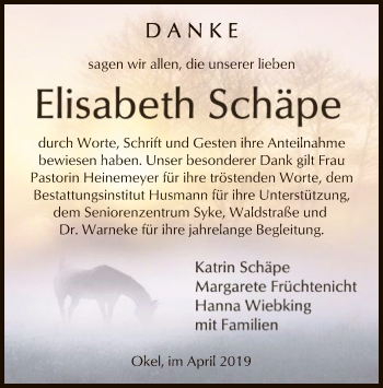 Traueranzeige von Elisabeth Schäpe von SYK