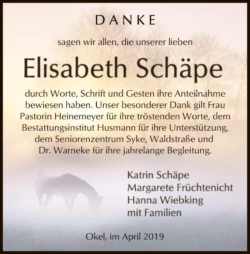  Traueranzeige für Elisabeth Schäpe vom 26.04.2019 aus SYK