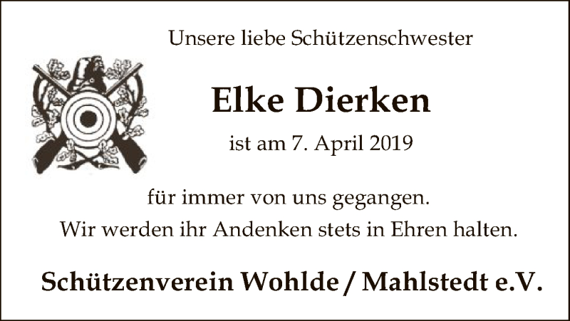  Traueranzeige für Elke Dierken vom 12.04.2019 aus SYK