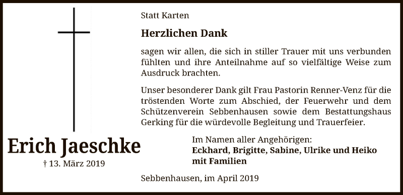  Traueranzeige für Erich Jaeschke vom 27.04.2019 aus SYK