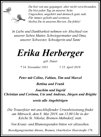 Traueranzeige von Erika Herberger von SYK