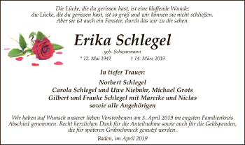 Traueranzeige von Erika Schlegel von SYK