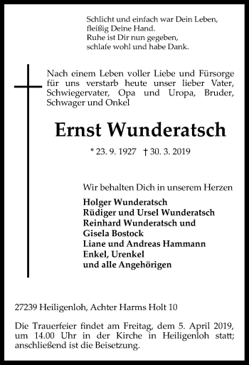 Traueranzeige von Ernst Wunderatsch von SYK