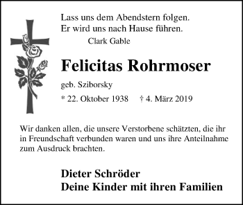 Traueranzeige von Felicitas Rohrmoser von SYK