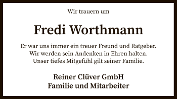 Traueranzeige von Fredi Worthmann von SYK