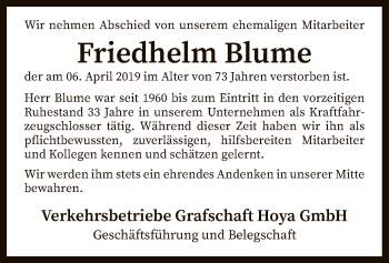 Traueranzeige von Friedhelm Blume von SYK