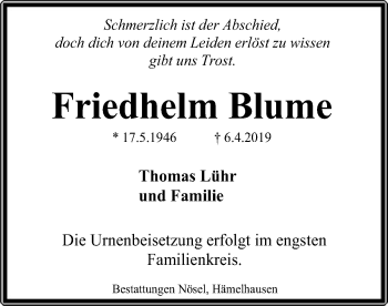 Traueranzeige von Friedhelm Blume von SYK