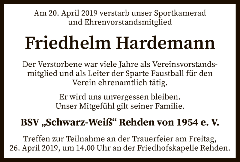  Traueranzeige für Friedhelm Hardemann vom 24.04.2019 aus SYK