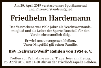 Traueranzeige von Friedhelm Hardemann von SYK