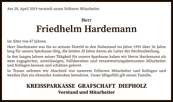 Traueranzeige von Friedhelm Hardemann von SYK