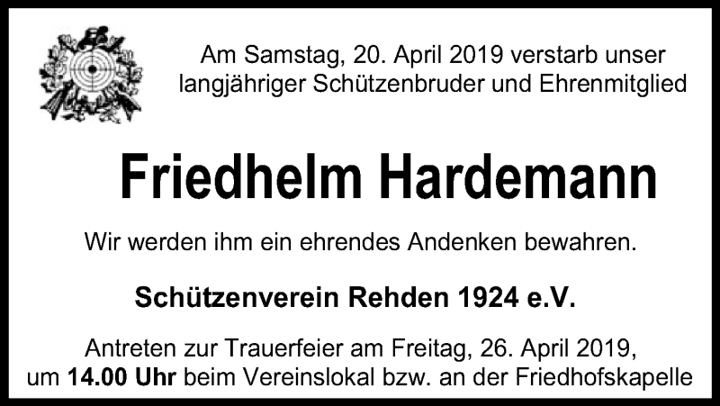  Traueranzeige für Friedhelm Hardemann vom 23.04.2019 aus SYK