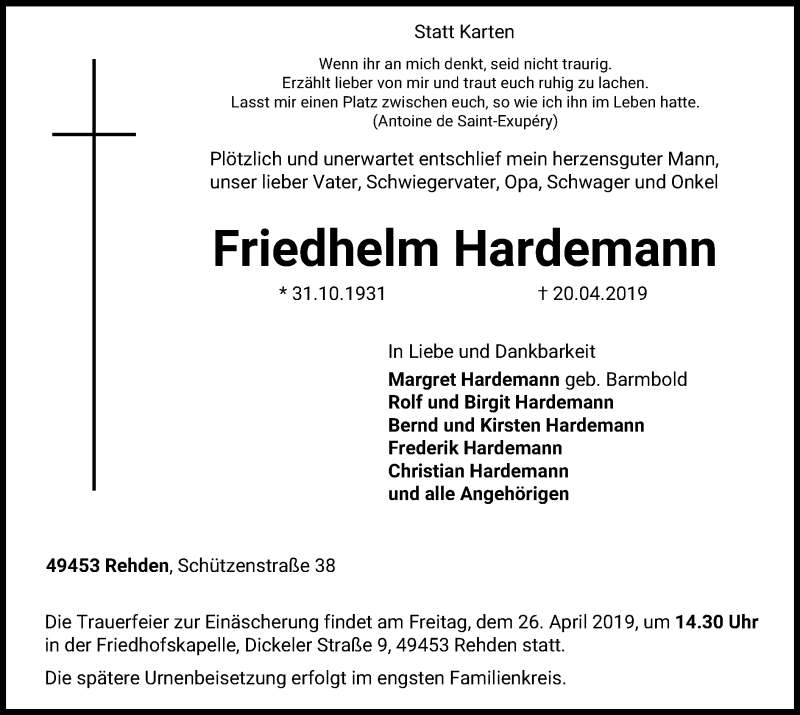  Traueranzeige für Friedhelm Hardemann vom 23.04.2019 aus SYK