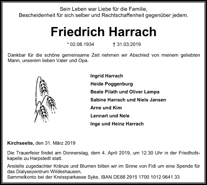  Traueranzeige für Friedrich Harrach vom 02.04.2019 aus SYK