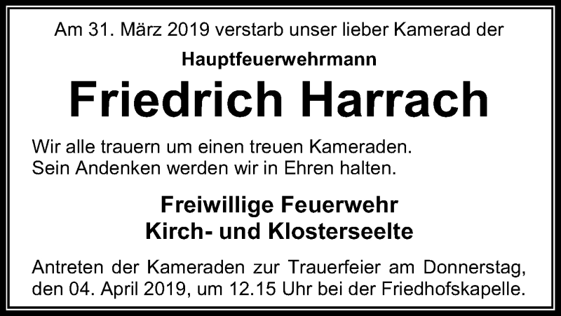  Traueranzeige für Friedrich Harrach vom 03.04.2019 aus SYK