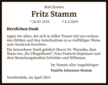 Traueranzeige von Fritz Stamm von SYK