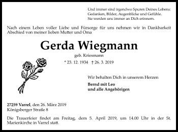 Traueranzeige von Gerda Wiegmann von SYK