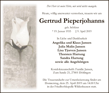 Traueranzeige von Gertrud Pieperjohanns von SYK