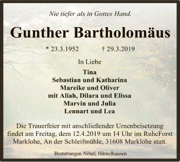 Traueranzeige von Gunther Bartholomäus von SYK